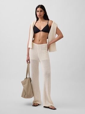 2 Pieces Sincerely Jules Cream Open-Knit Wide-Leg Pants And Crochet Top